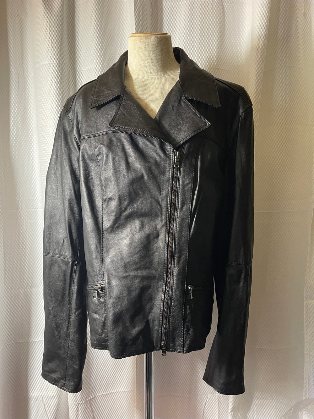 Vera Pelle Vintage Black Leather Asymmetrical Zip Jacket size 50